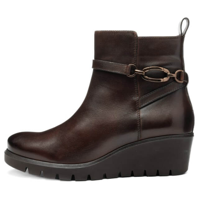 Brown leather wedge ankle boot with a strap on a white background Ara Como Wedge Ankle Boots H-Fit 12-57002 Cacao Brown