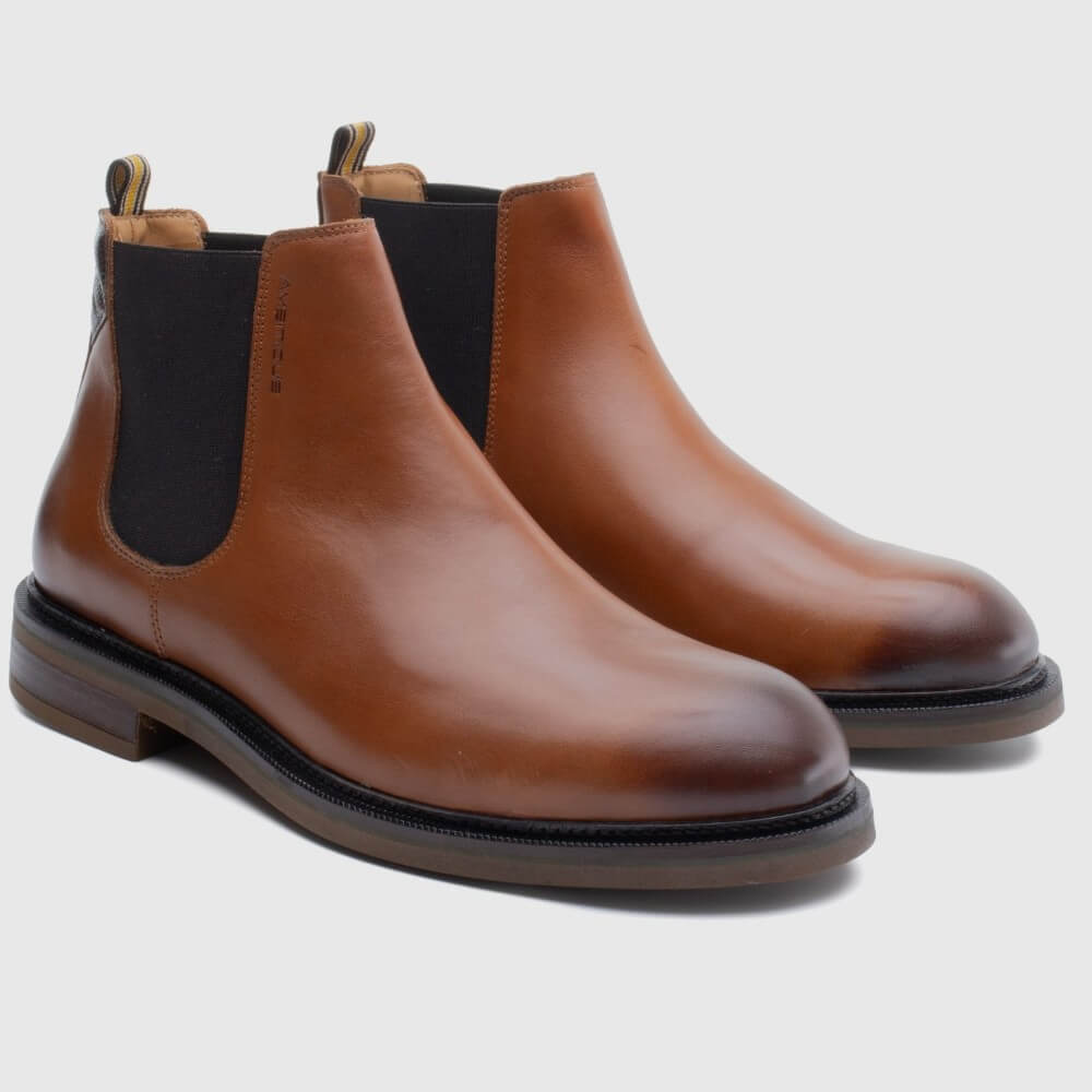 Brown leather Chelsea boot on a light gray background Ambitious Gali Leather Chelsea Boot 13643 Cognac