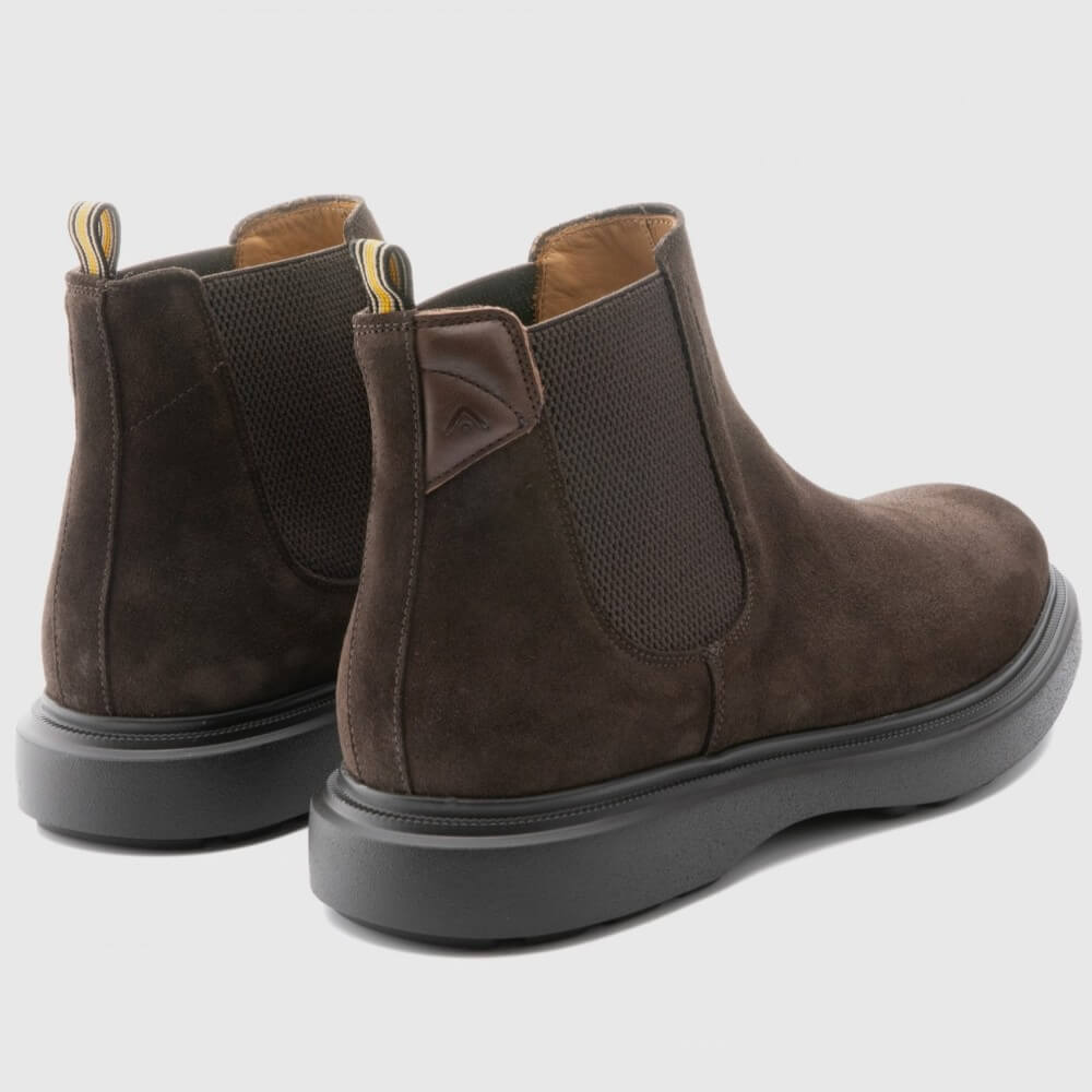 Pair of brown suede boots on a light gray background Ambitious Lorenzo Suede Chelsea boots 14019 TDM Brown