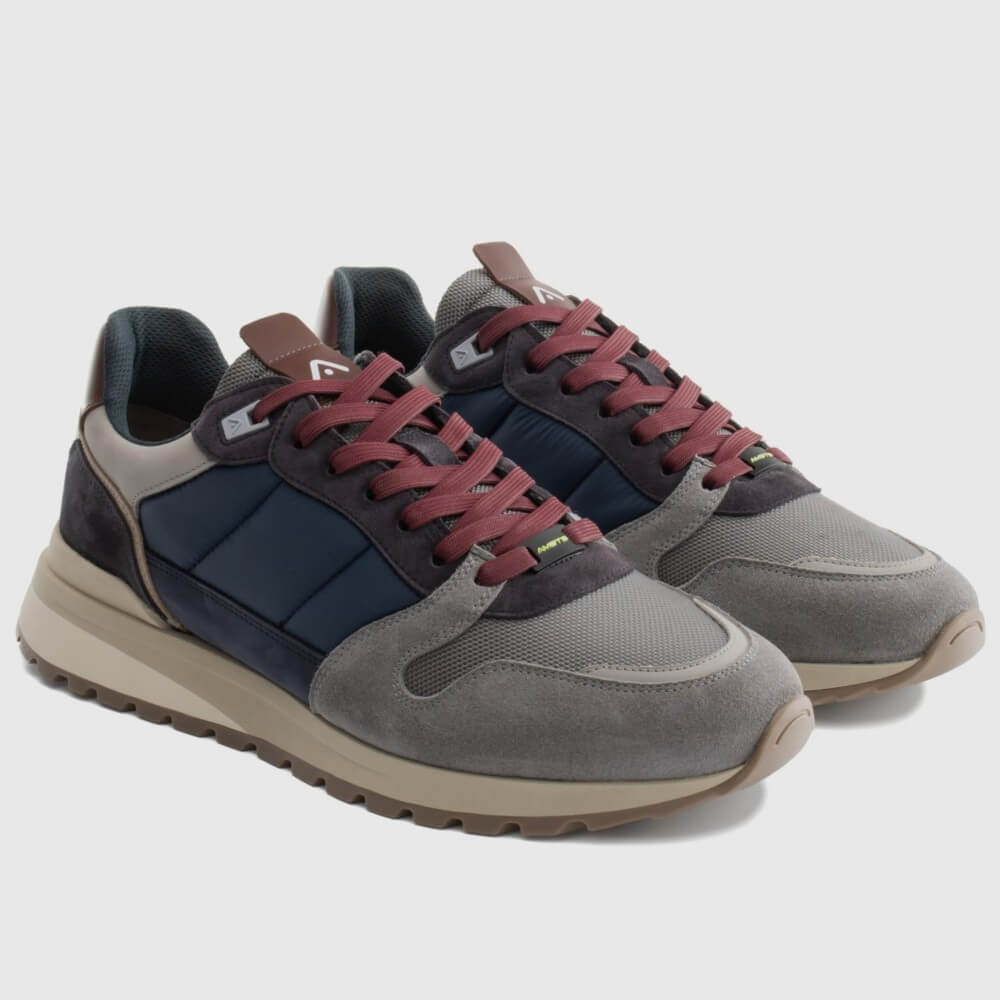 Blue and grey leather sneakers with wine red laces