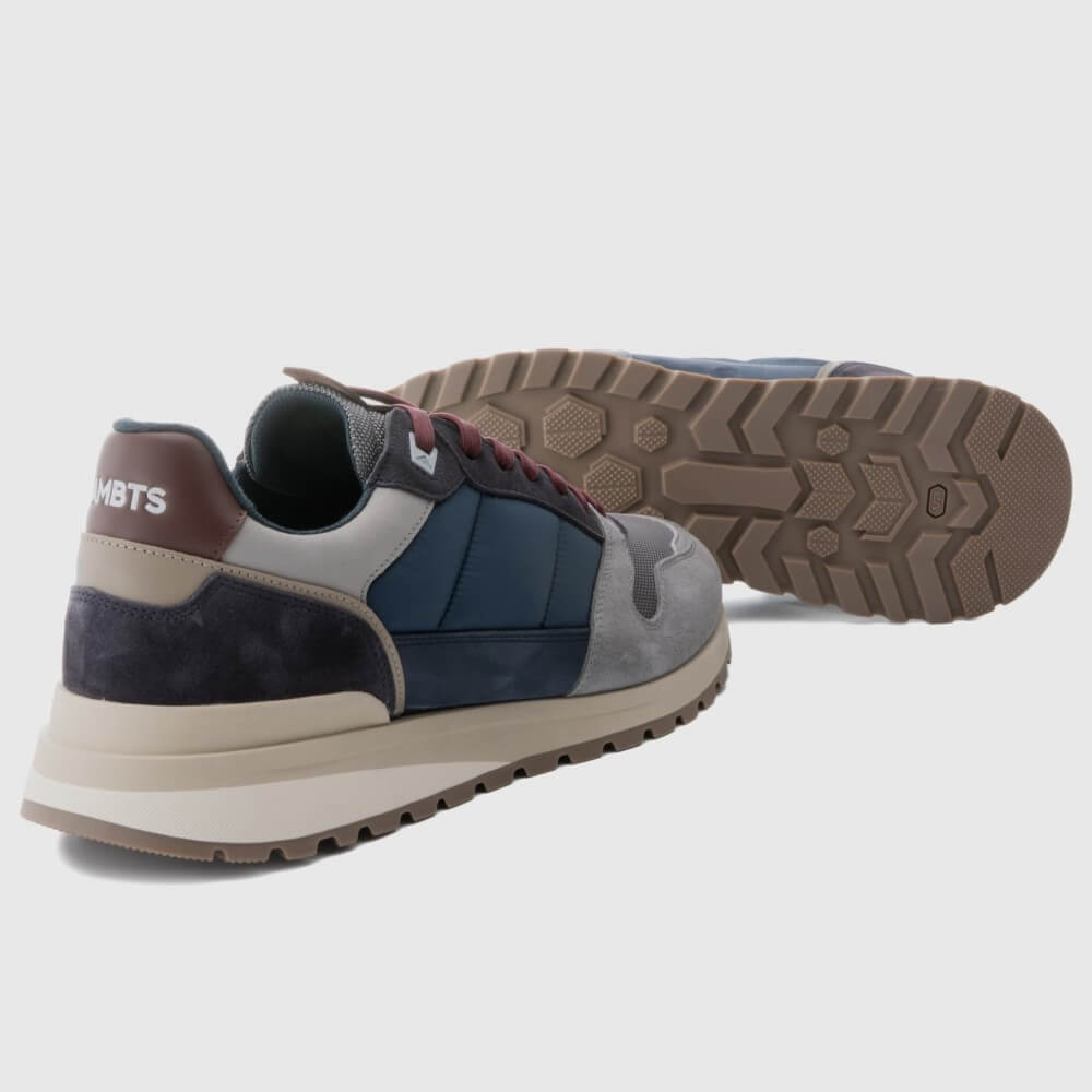 Blue and grey leather sneakers with wine red laces