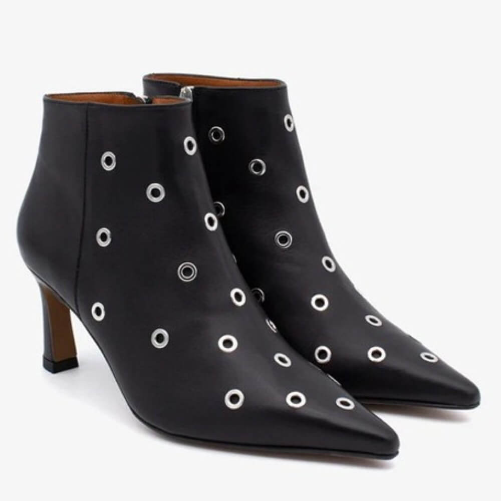 Black ankle boot with silver eyelets on a white background Ángel Alarcón Clarine 25558 Leather Ankle Boot-BLACK