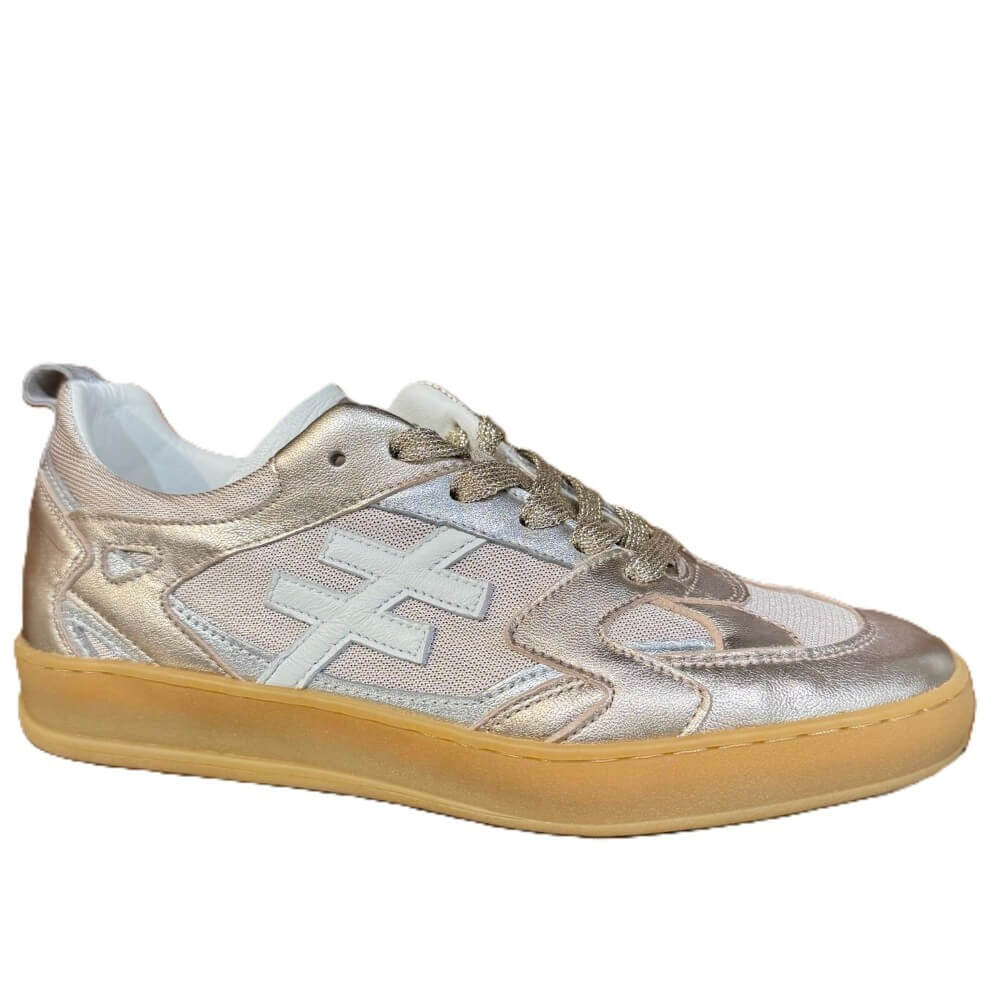 Another Trend Gold and Silver sneaker with a white logo on a white background