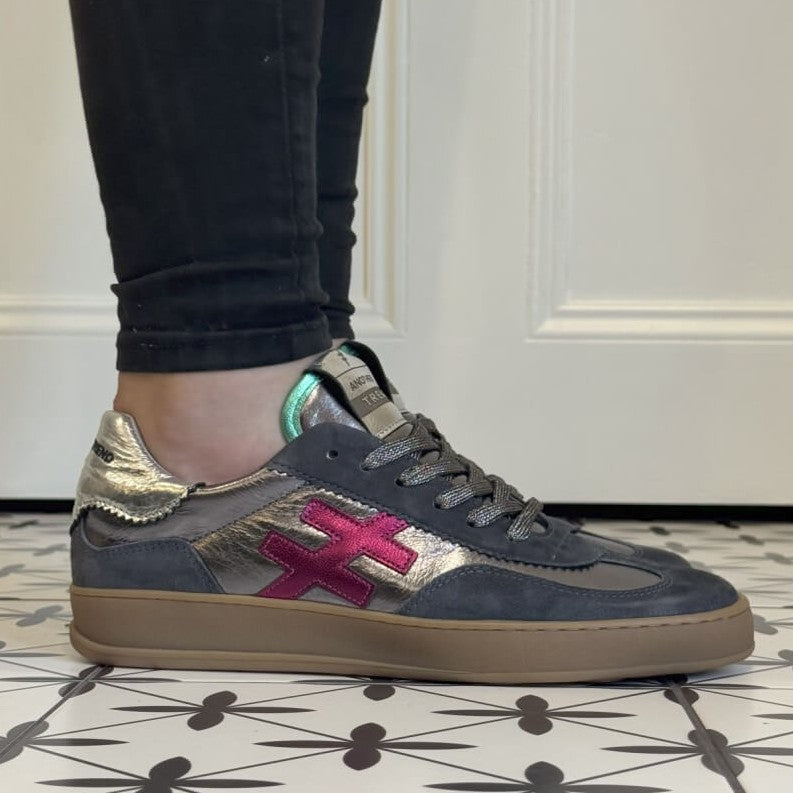 Dark Grey and Gold sneaker with pink 'X' Another Trend Iconic Leather Sneakers A032-ANTHRACITE