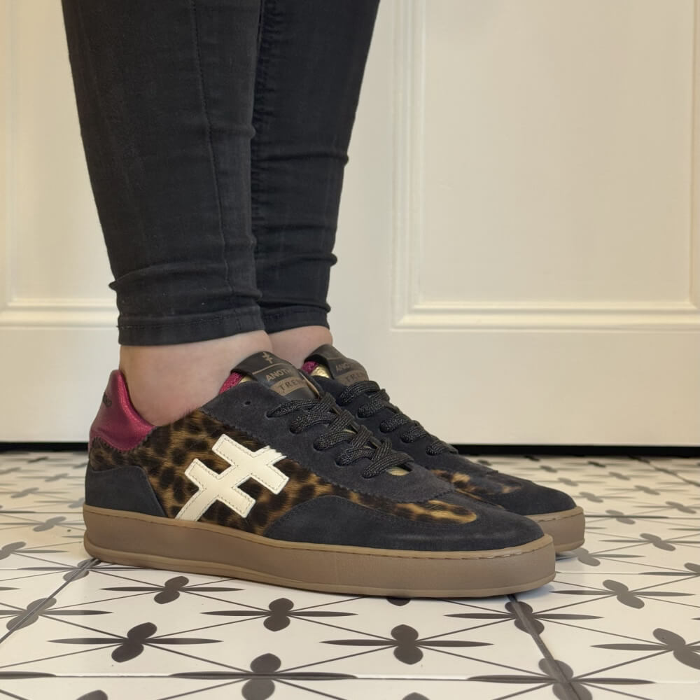 Black and brown sneaker with leopard print and pink Another Trend Iconic Leather Sneakers A032-LEOPARD