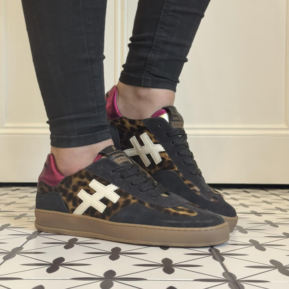 Black and brown sneaker with leopard print and pink Another Trend Iconic Leather Sneakers A032-LEOPARD