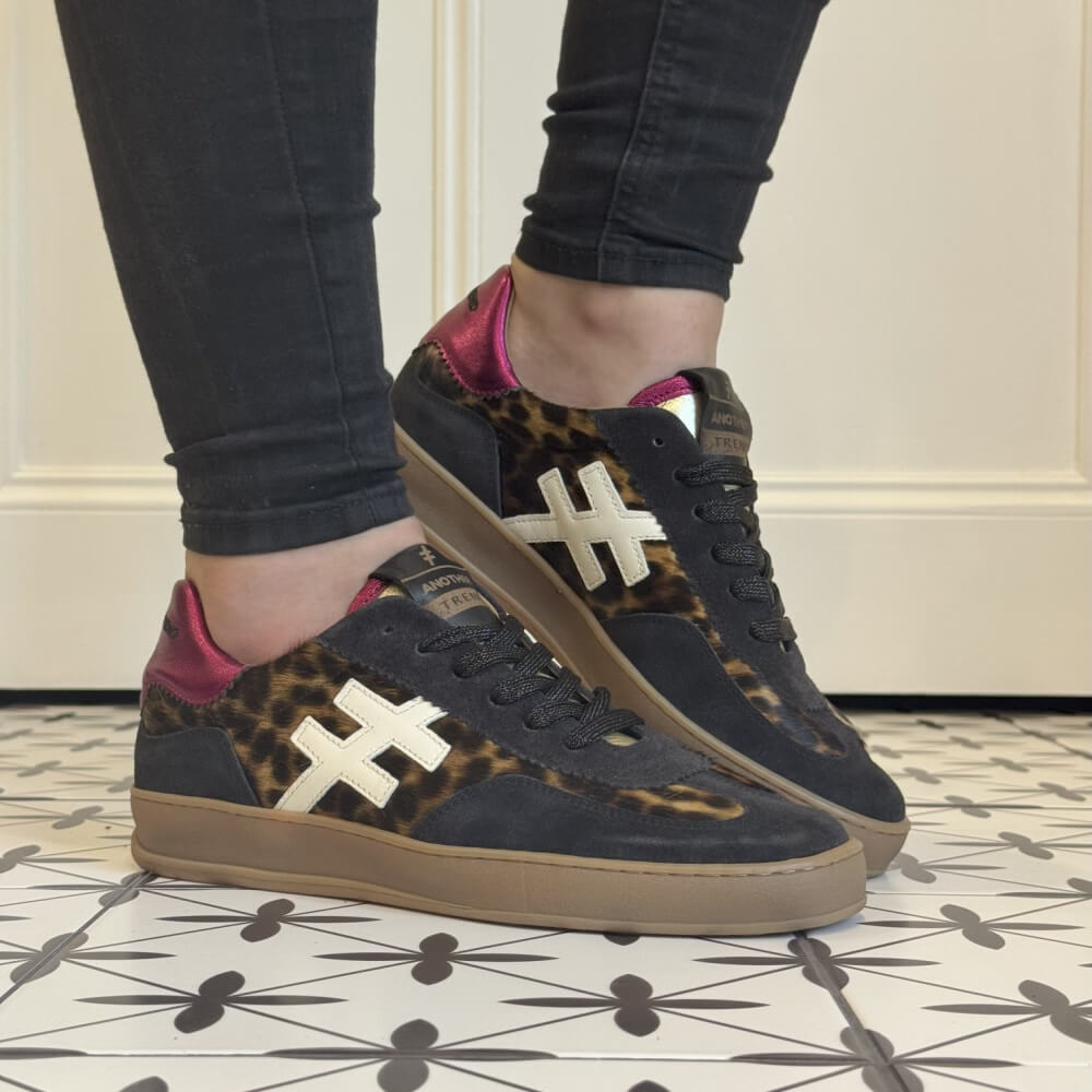 Black and brown sneaker with leopard print and pink Another Trend Iconic Leather Sneakers A032-LEOPARD