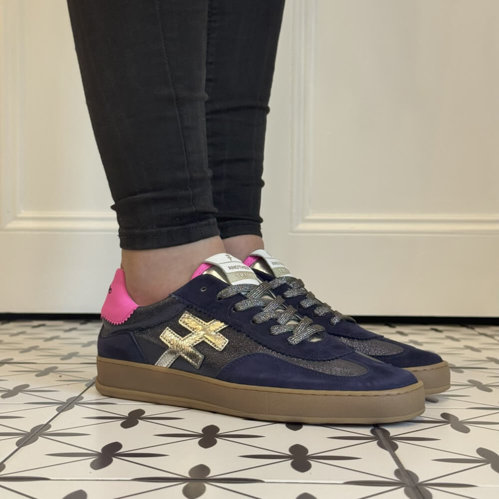 Navy sneakers with gold and pink accents Another Trend Iconic Leather Sneakers A032-Ocean Blue