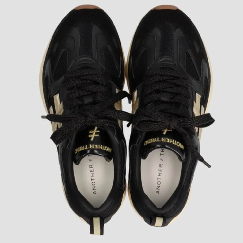 Black sneakers with gold accents on a white background