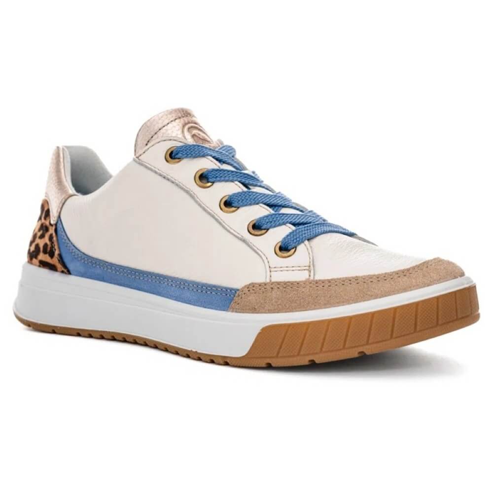 Ara Rom 12-50004 White sneaker with blue accents and leopard print details on a white background