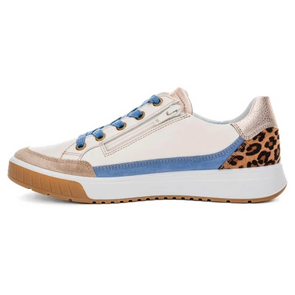Ara Rom 12-50004 White sneaker with blue accents and leopard print details on a white background