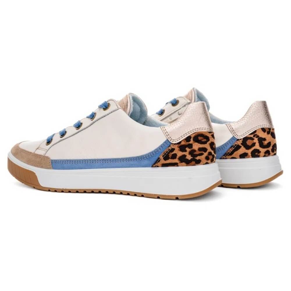 Ara Rom 12-50004 White sneaker with blue accents and leopard print details on a white background
