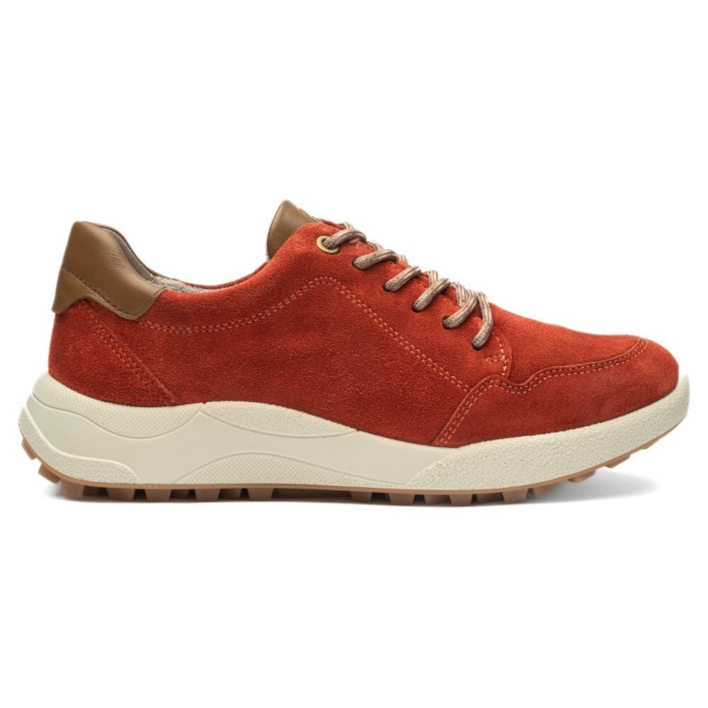 A side-profile view of an ara low-top sneaker in rust-red suede with tan leather accents on the heel and tongue, beige laces, and a thick cream-colored midsole.