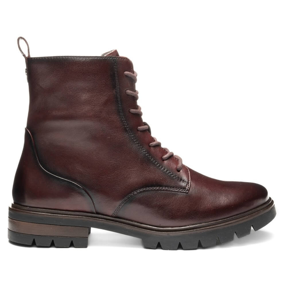 Ara dark brown leather lace-up ankle boot with a chunky black lug sole and a low block heel, shown from a side profile on a white background.