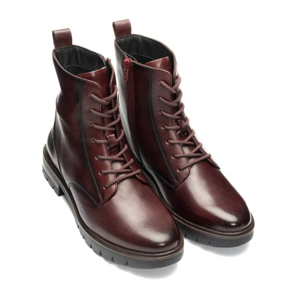 Ara pair of dark burgundy leather lace-up ankle boots with side zippers and pull tabs, shown on a clean white background.