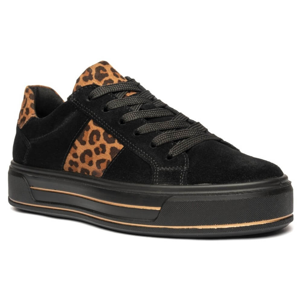 Ara Black sneaker with leopard print accents on a white background