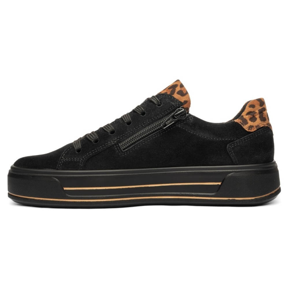 Ara Black sneaker with leopard print accents on a white background