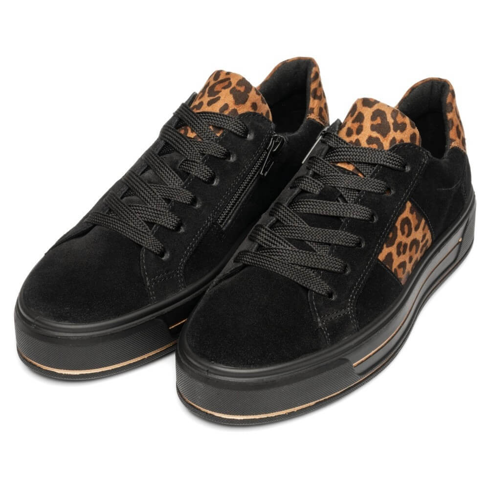 Ara Black sneakers with leopard print accents on a white background