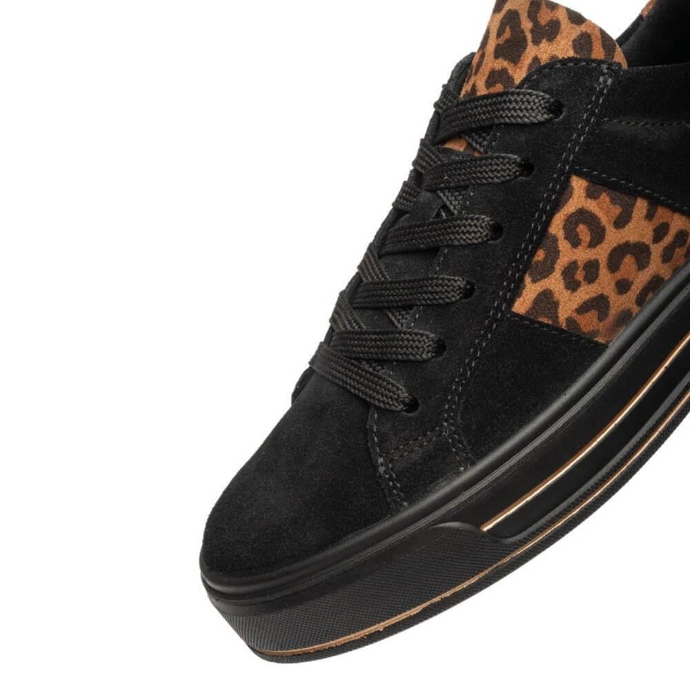 Ara Black sneaker with leopard print accents on a white background