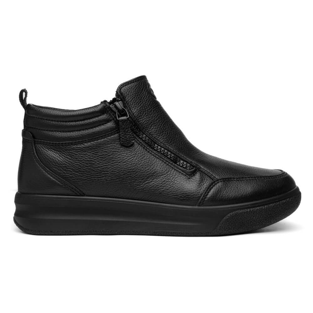 Ara black pebbled leather ankle boot with double side zippers, shown on a white background.