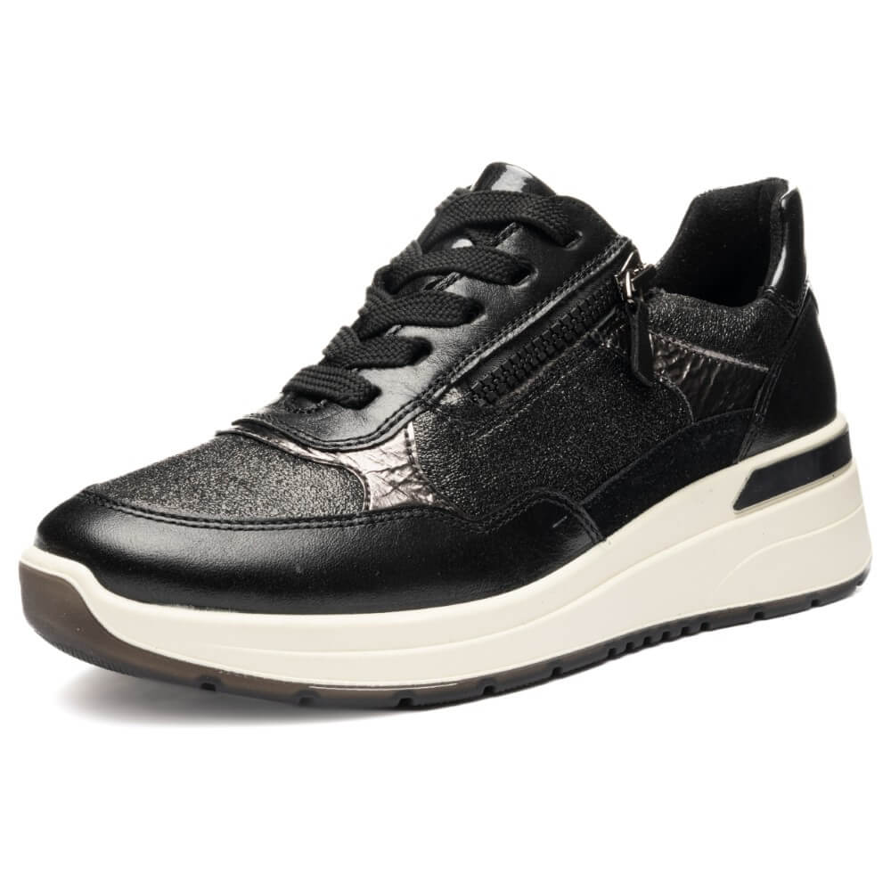 Black and silver sneaker with a thick wedge white sole on a white background Ara Garda Wedge Trainers 12-57702 H Fit