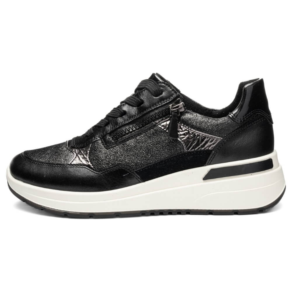 Black and silver sneaker with a thick wedge white sole on a white background Ara Garda Wedge Trainers 12-57702 H Fit