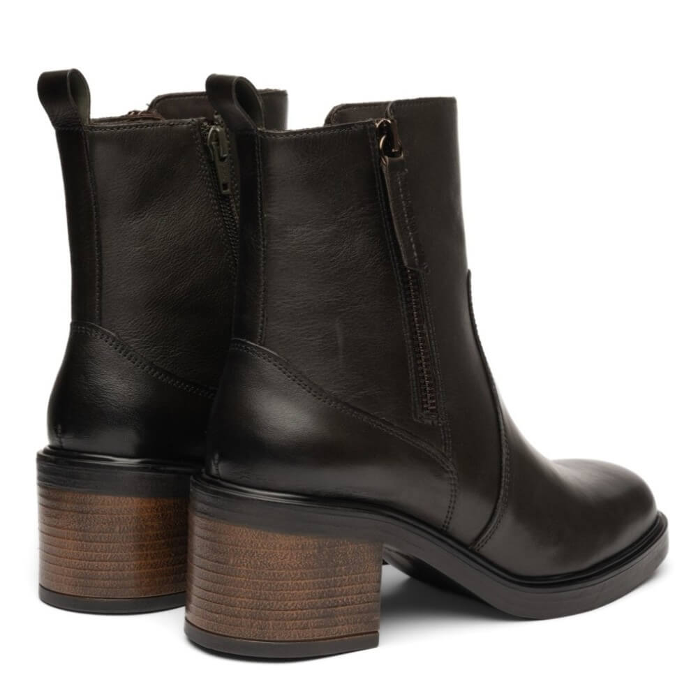 A pair of Ara dark green leather ankle boots with chunky stacked wooden-look block heels, shown from a three-quarters angle on a white background.