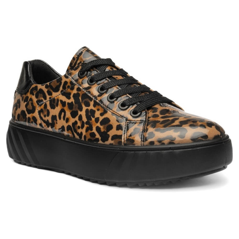 Ara low-top platform sneaker featuring a brown and black leopard print upper with black laces and thick black platform soles, shown against a plain white background.