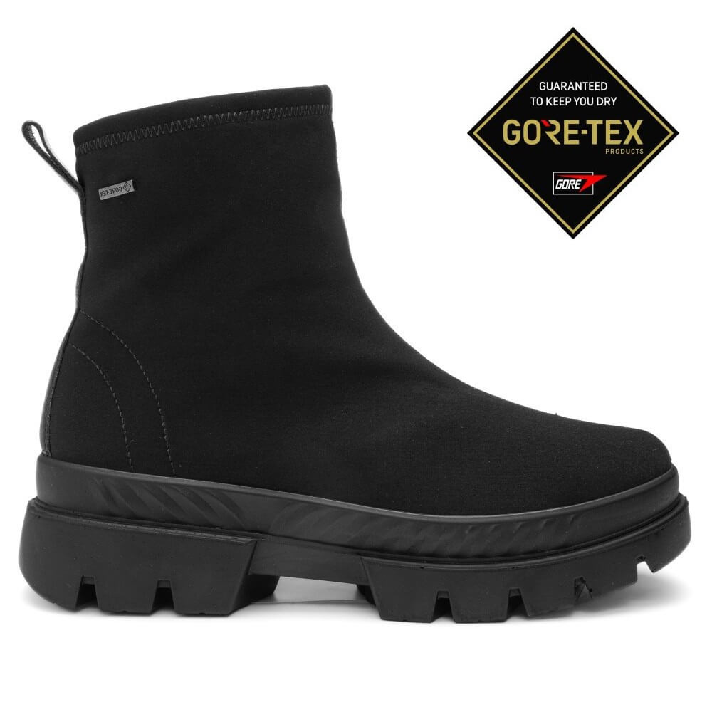 Ara black ankle boot with a rugged lug sole, shown in a side profile on a white background. A black diamond-shaped GORE-TEX guarantee badge is positioned in the upper right corner.