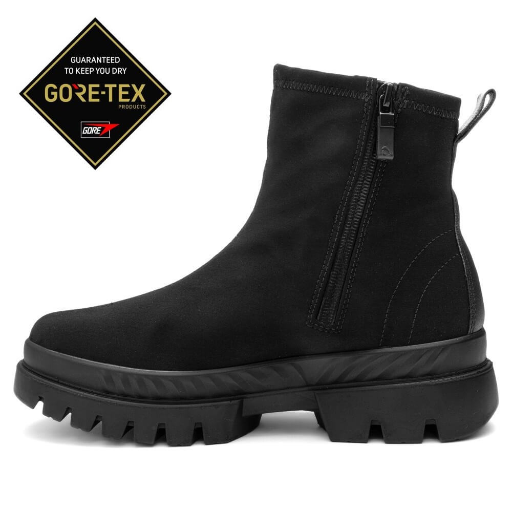 Ara black ankle boot with a rugged lug sole, with a side zip, shown in a side profile on a white background. A black diamond-shaped GORE-TEX guarantee badge is positioned in the upper right corner.