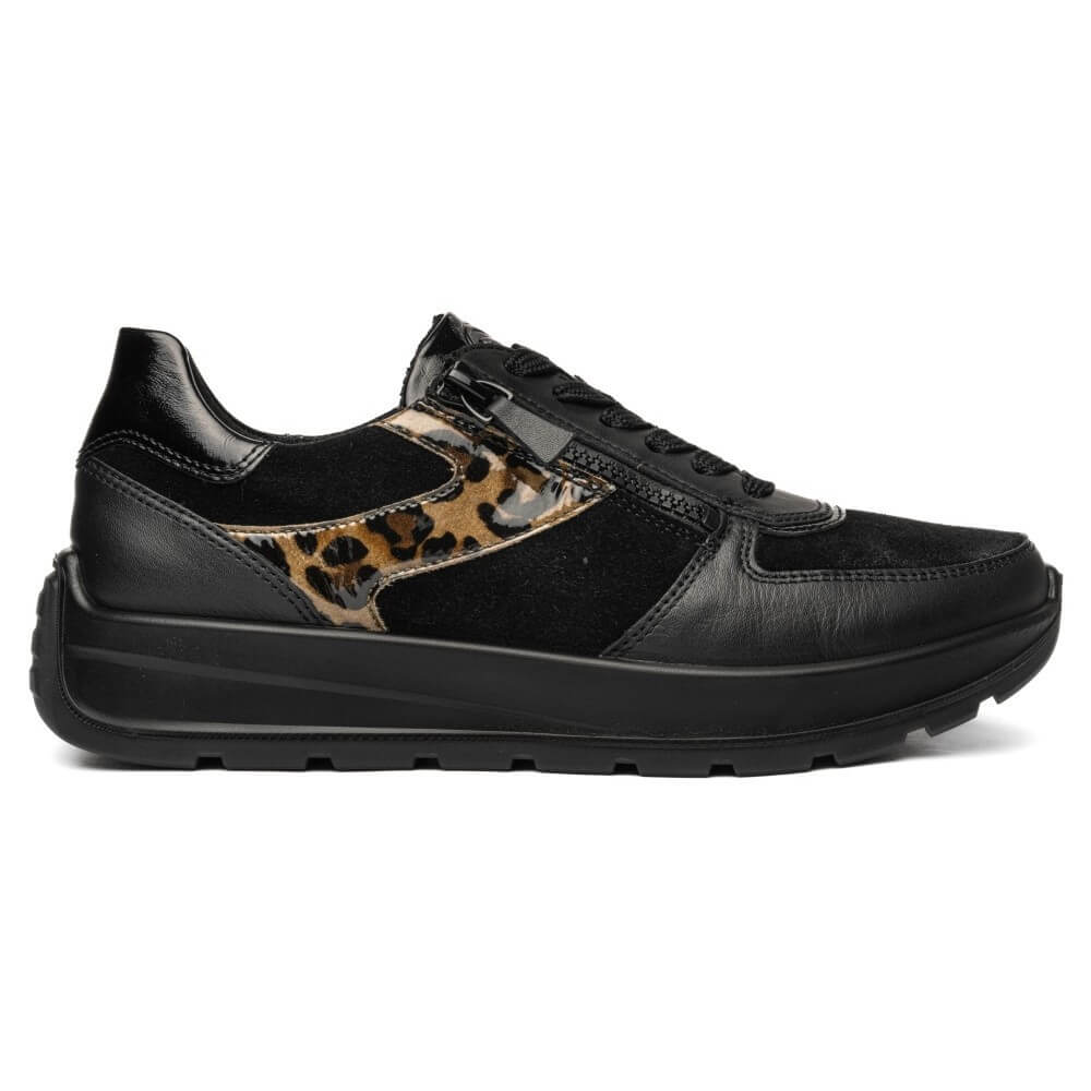 Ara black leather low-top sneaker with a brown and black leopard print accent panel on the side, shown in a side profile view against a white background.