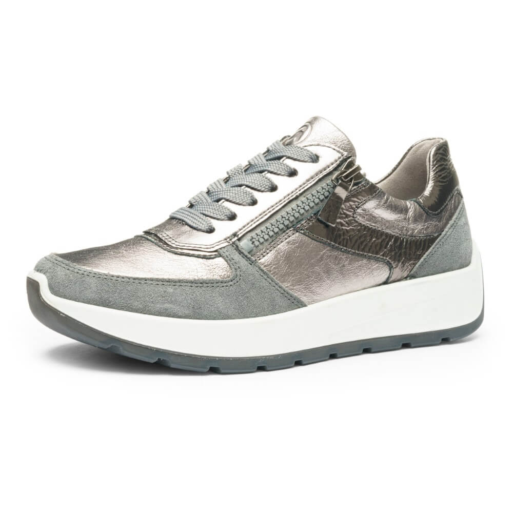 Silver Grey sneaker with white sole on a white background Ara New York Trainers 12-25112-GRAPHITE