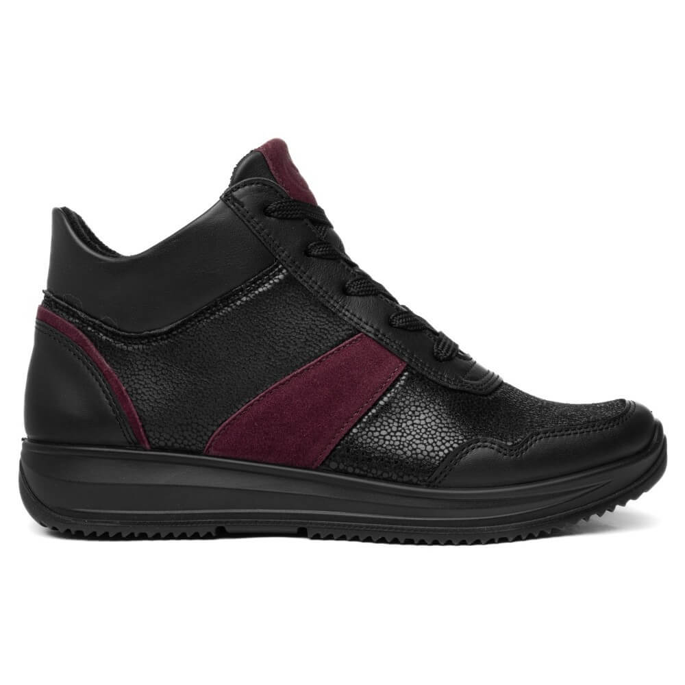 Ara black mid-top sneaker with burgundy suede side panels and a matching burgundy tongue, shown in a side profile on a white background.