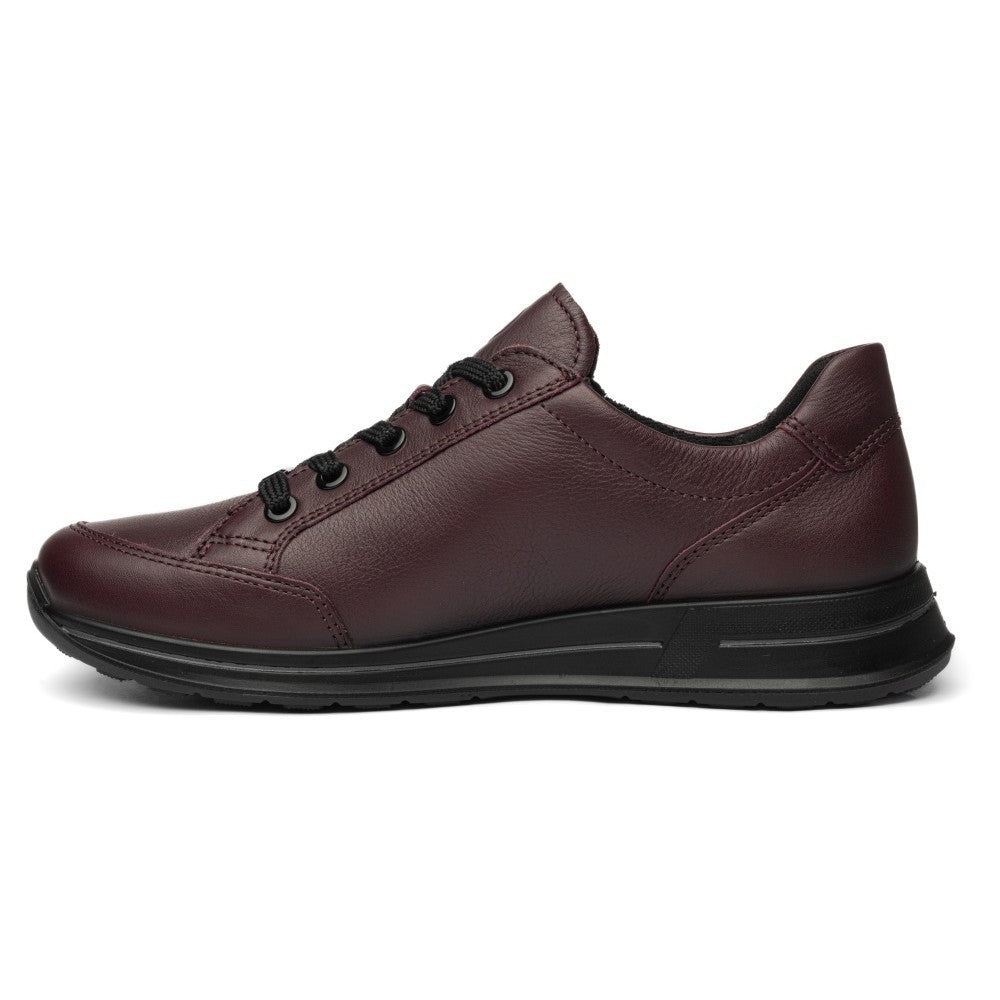 Ara low-top leather sneaker in a deep burgundy colour, featuring dark laces, a black zipper, and a black sole, shown on a plain white background.