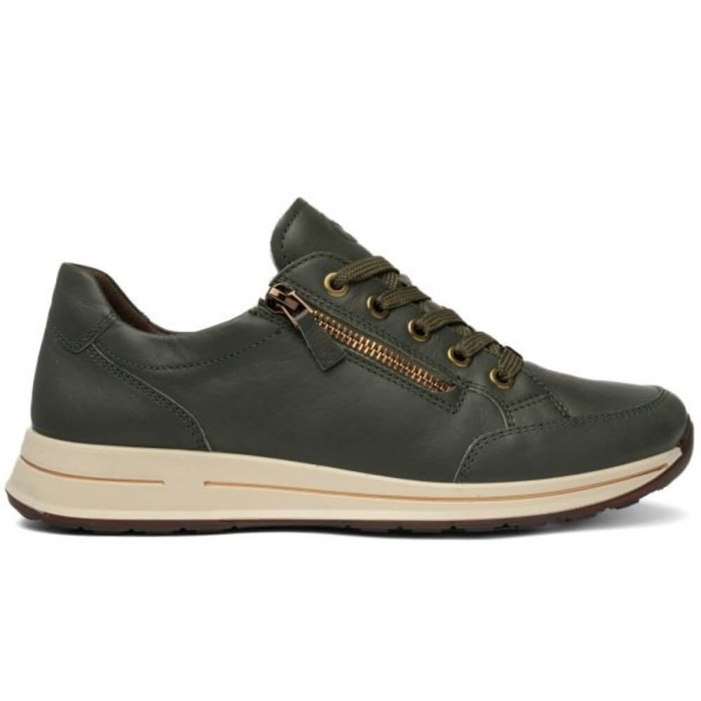 An ara olive green leather low-top sneaker with a side zipper, brown laces, and a beige midsole, shown in profile against a white background.