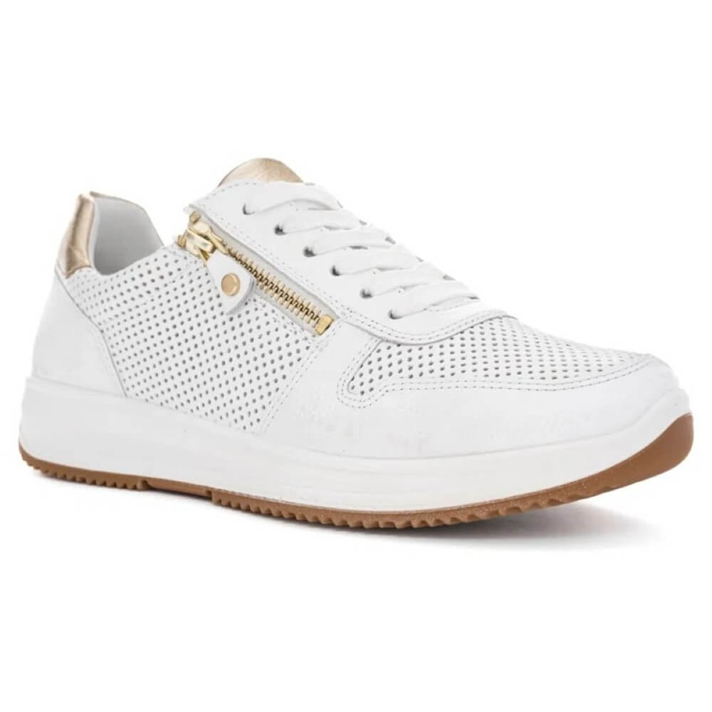 White leather sneaker with gold zip and accents ara osaka