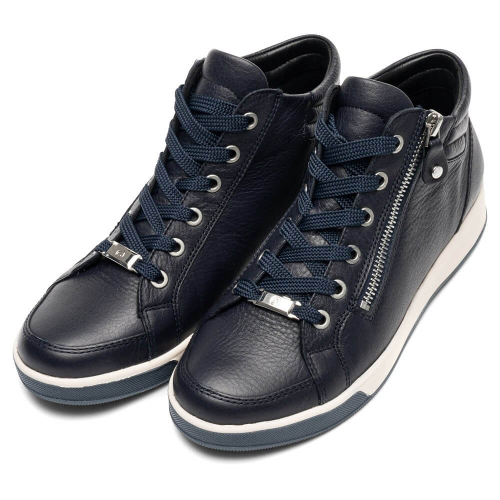 Ara Navy leather high-top sneakers with white soles, shown against a plain white background.