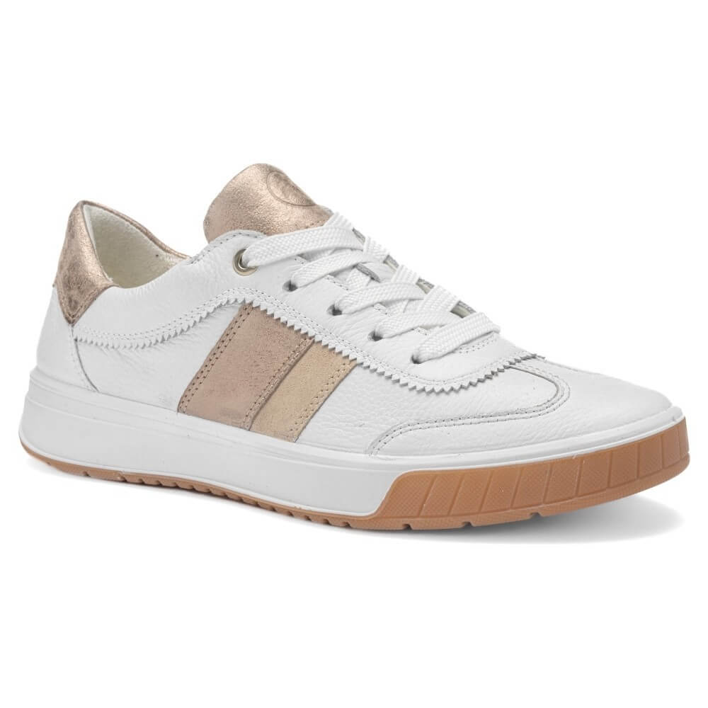 Ara 12-50028 White sneaker with gold accents on a white background