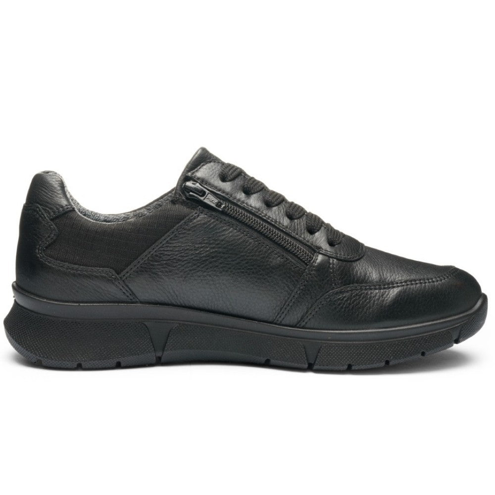 Black leather waterproof sneaker with a zipper on a white background