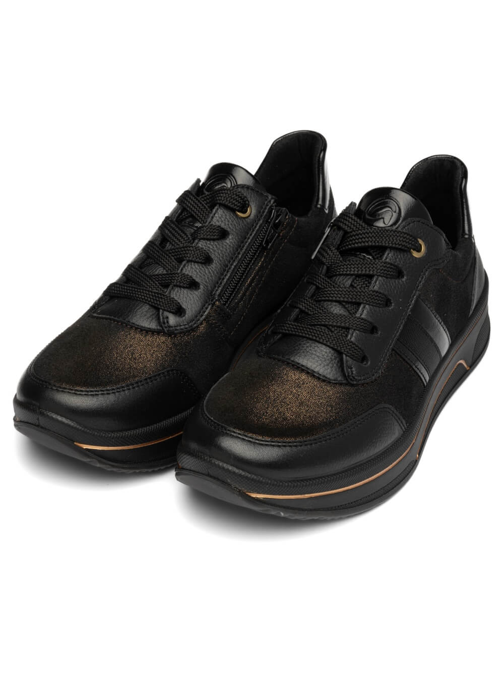 Pair of ara black sneakers with brown accents on a white background