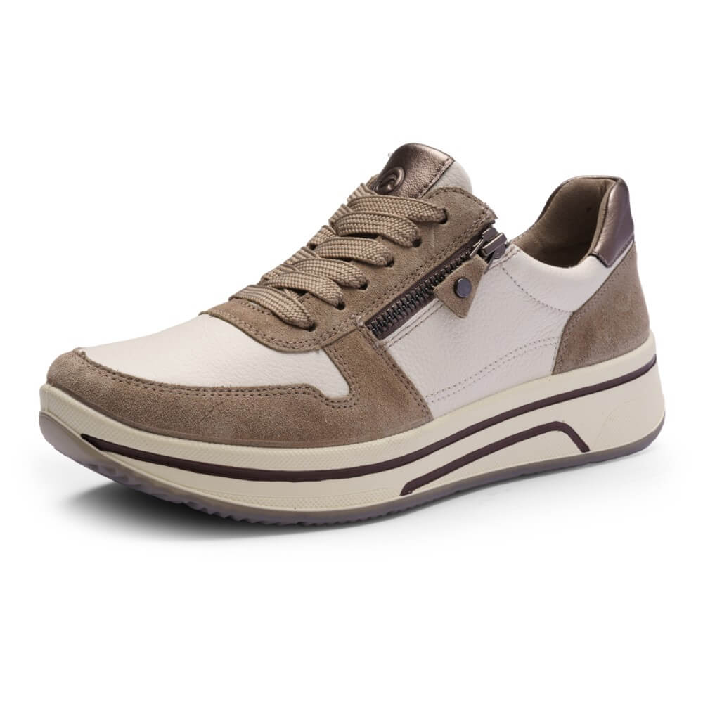 Brown and beige sneaker on a white background Ara Sapporo 3 Trainer 12-27540 H-Fit-CREAM