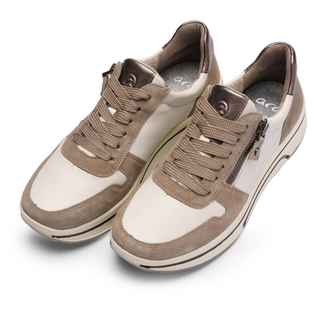 Brown and beige sneaker on a white background Ara Sapporo 3 Trainer 12-27540 H-Fit-CREAM