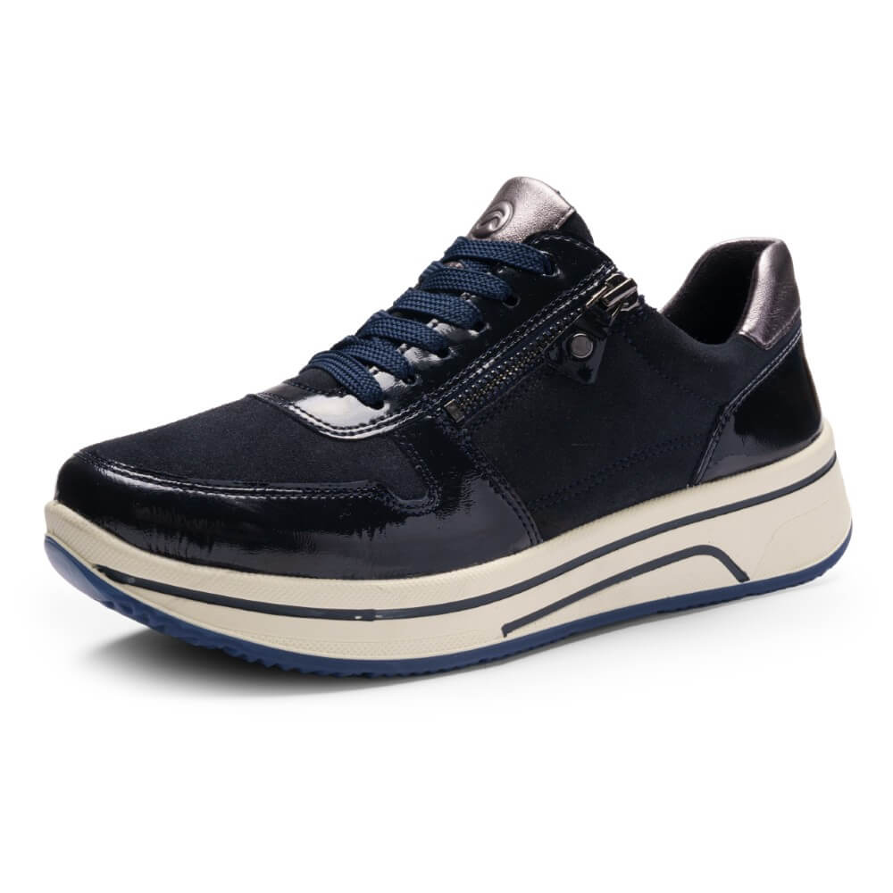Navy blue sneaker laced with a zip and a white sole on a white background Ara Sapporo 3 Trainer 12-27540 H-Fit-NAVY COMBI