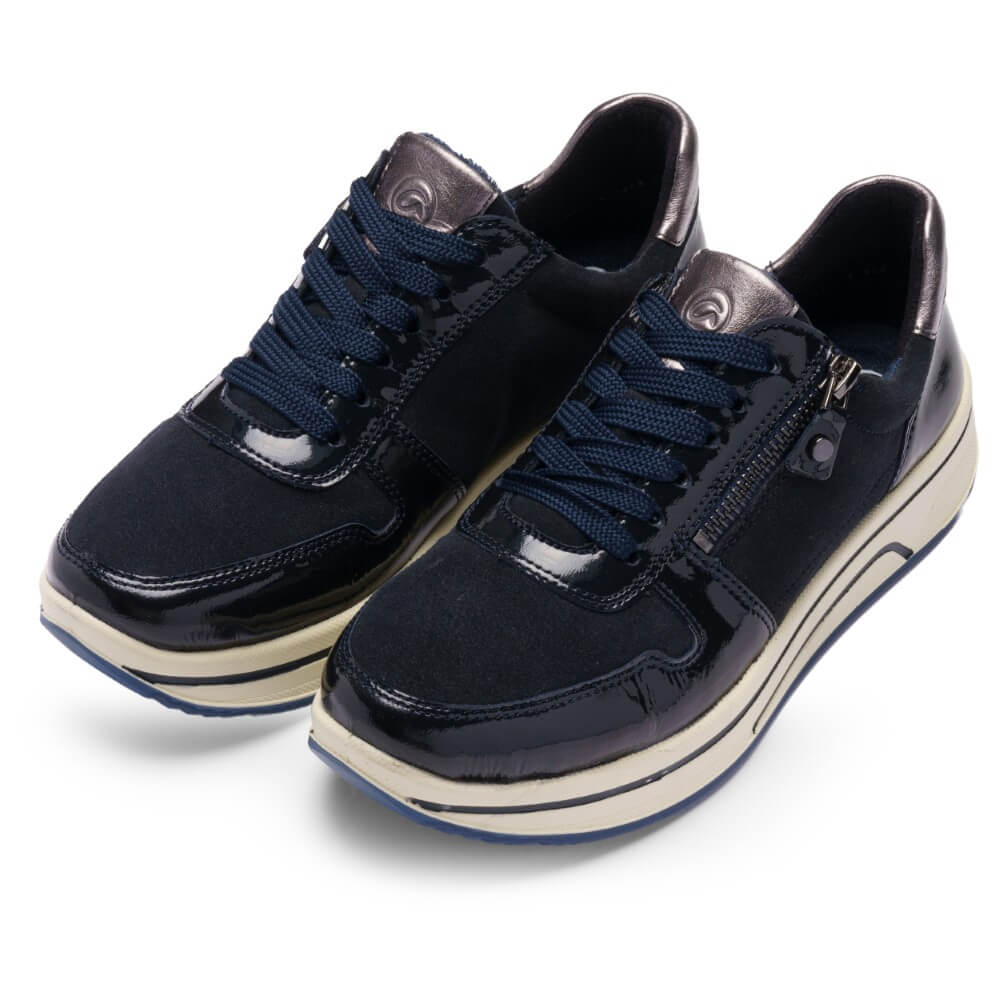 Navy blue sneaker laced with a zip and a white sole on a white background Ara Sapporo 3 Trainer 12-27540 H-Fit-NAVY COMBI