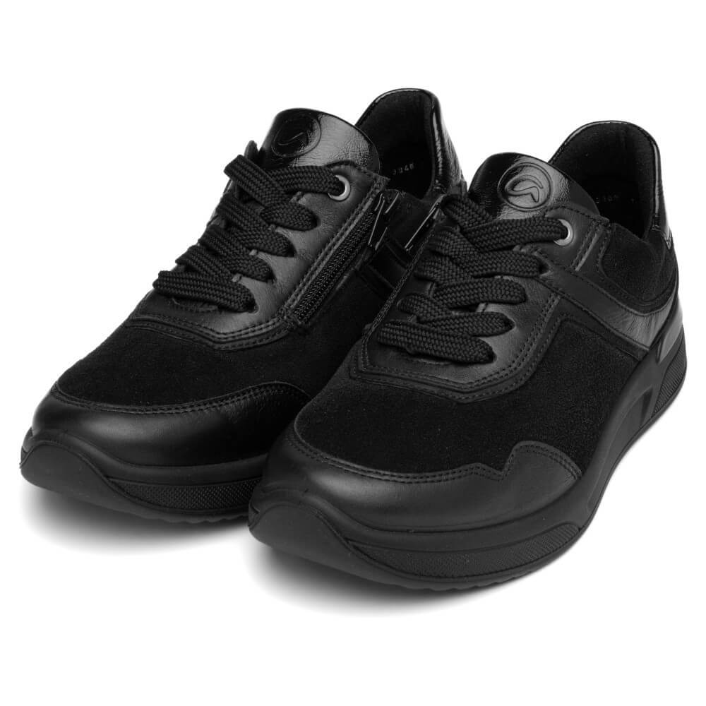 A pair of Ara black low-top sneakers with a mix of smooth synthetic and suede-like textures, black laces, and black soles, shown on a clean white background.