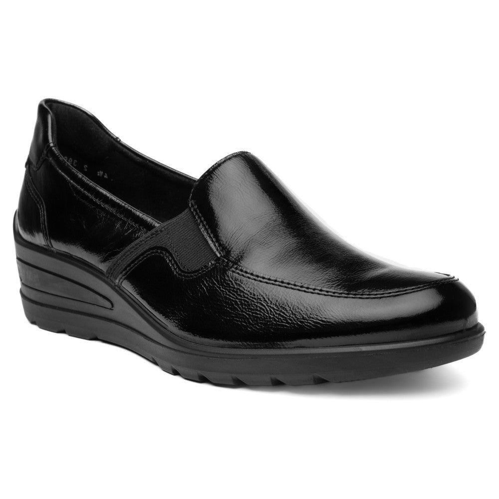 Ara Black Leather Wedge slip-on shoe on a white background