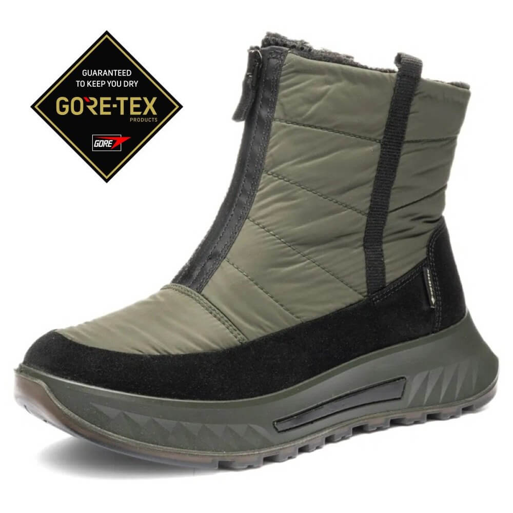 Green and black winter boot with GORE-TEX logo on a white background