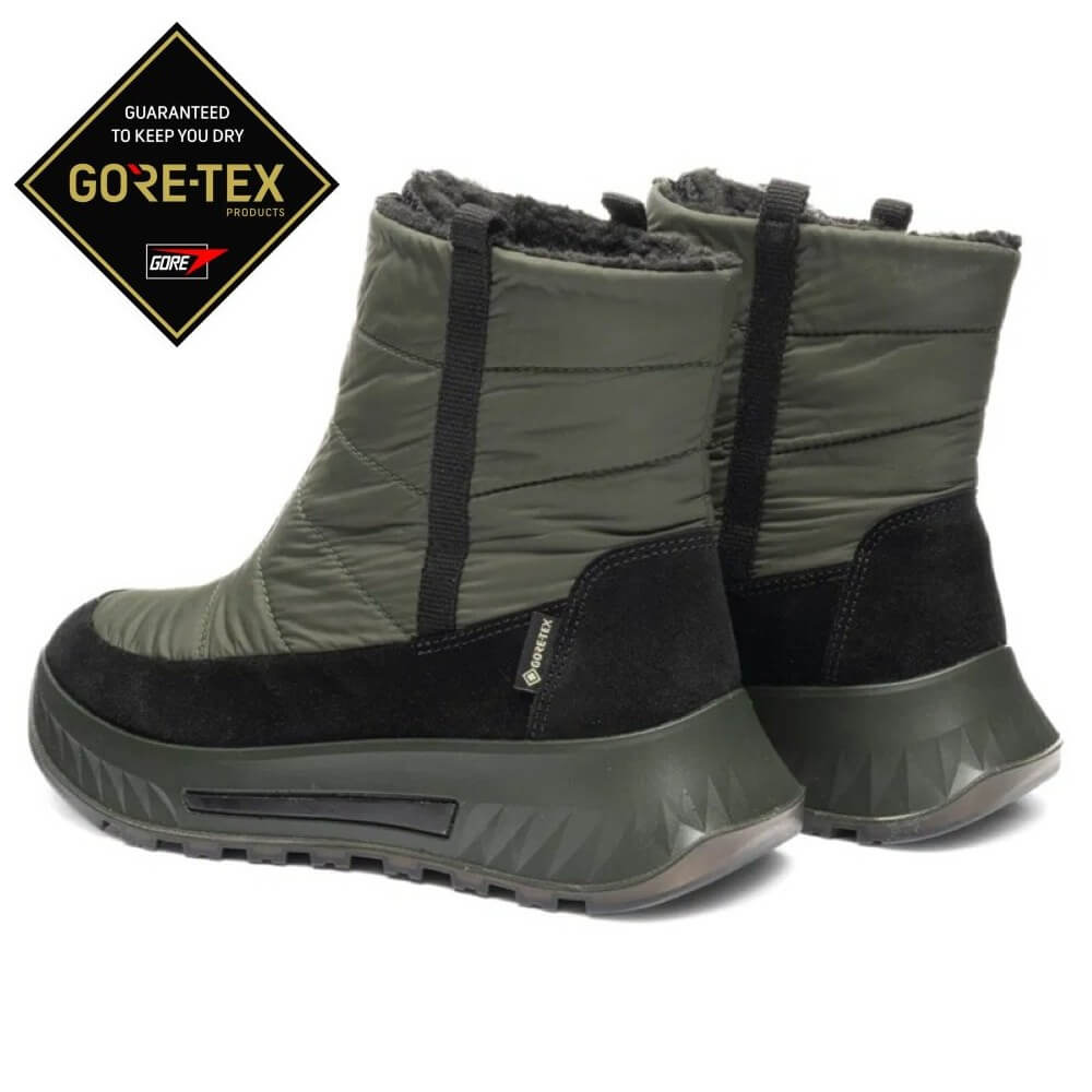 Pair of green and black winter boots with Gore-Tex logo on a white background