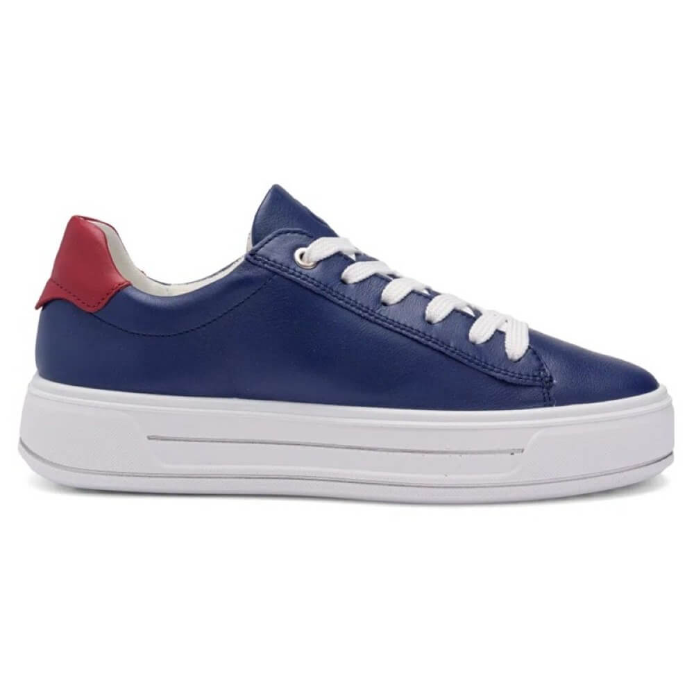 Blue sneaker with red heel and white laces on a white background