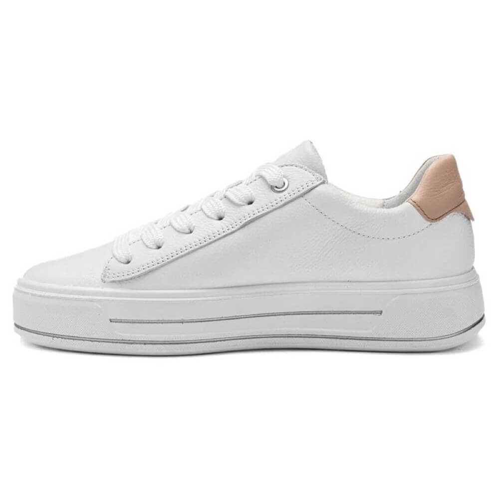 White sneaker with a light brown heel on a white background